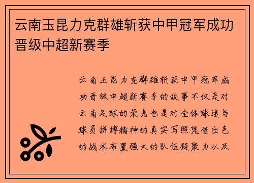 云南玉昆力克群雄斩获中甲冠军成功晋级中超新赛季